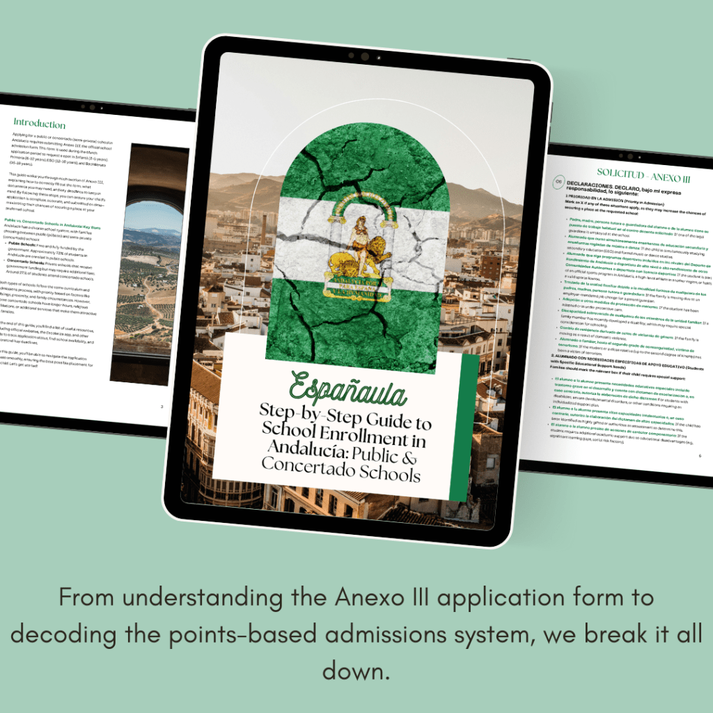 Tablet displaying the 'Españaula' step-by-step guide to school enrollment in Andalucía, highlighting public and concertado schools, with a backdrop of a scenic view of the city.