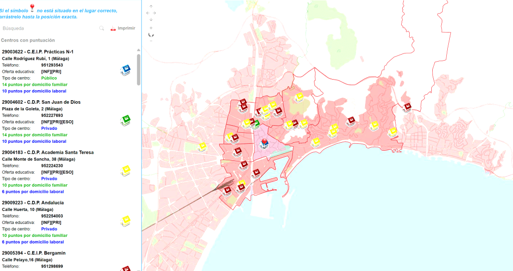 Map of Málaga showing various schools with points marked for public, private, and concertado schools, including details like address and contact information.
